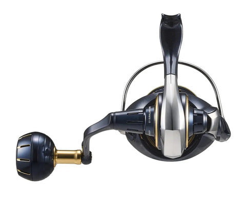 Top view of Saltiga SAG4000-XH Spinning Reel Beast Of A Reel For Serious Saltwater Angling with smooth drag and aluminum frame.