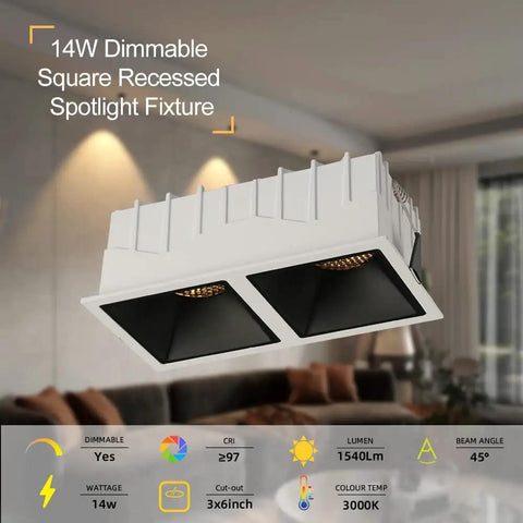 14W dimmable 2-head LED recessed spotlight kit with Cree COB, canless rectangle ceiling lights, honeycomb mesh, 1540lm