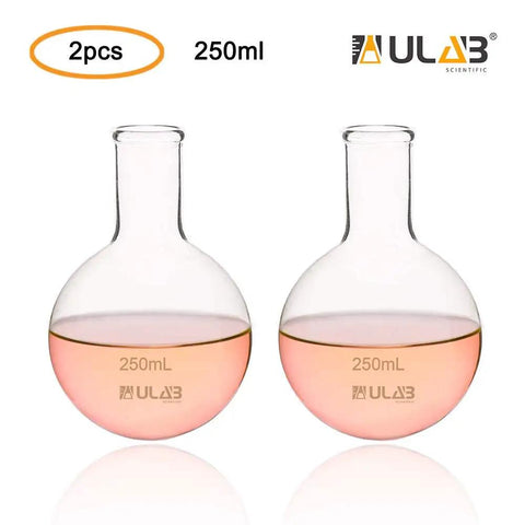 Round Bottom Boiling Flask Set, Two Pack 250ml Each, Borosilicate 3.3 Glass, Short Neck Non Graduated, Heat Resistant Lab Glassware
