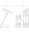 Diagram of Ball End Hex T Handle Key Set With Stand 11 Piece SAE Sizes Five Sixty Fourth To Three Eighths Inch, side and front view.