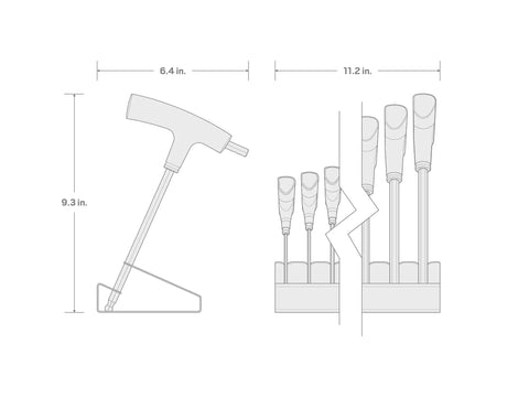 Diagram of Ball End Hex T Handle Key Set With Stand 11 Piece SAE Sizes Five Sixty Fourth To Three Eighths Inch, side and front view.