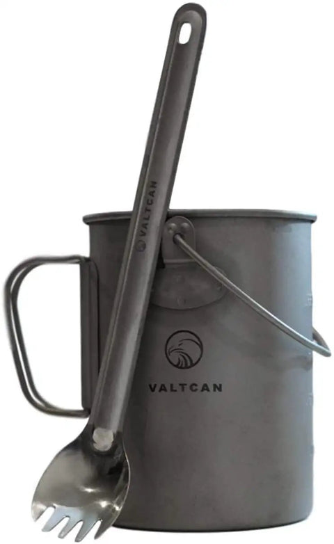 Ultra Lightweight 900ml Titanium Camping Pot And Mug With Lid And Mesh Bag Drink Directly Spork on Side, Valtcan Logo