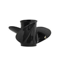 Side view of black 12 3/4 X 21 Pitch Aluminum Propeller For Mercury Outboard Motors 40 140 HP 3 Blade RH 15 Spline