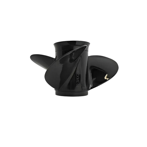 Side view of black 12 3/4 X 21 Pitch Aluminum Propeller For Mercury Outboard Motors 40 140 HP 3 Blade RH 15 Spline