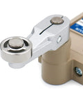 Waterproof SPDT micro switch with side roller plunger sealed IP67 housing, close-up view for CNC and industrial automation control.