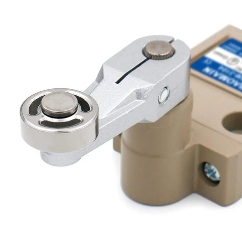 Waterproof SPDT micro switch with side roller plunger sealed IP67 housing, close-up view for CNC and industrial automation control.