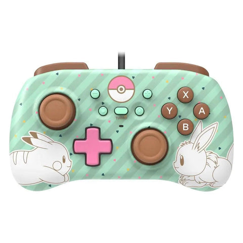 Horipad Mini Pikachu And Eevee Edition For Switch Compact Gamepad with themed artwork and buttons, 9.8-foot cable visible