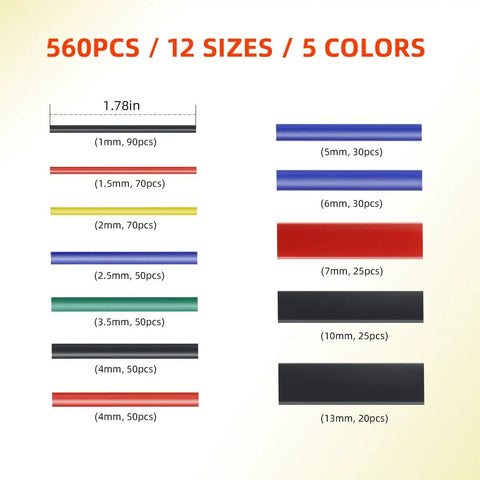 Heat Shrink Tubing Kit With Adhesive Lined Marine Grade Tubes in assorted sizes and colors, 560 pieces, label view.