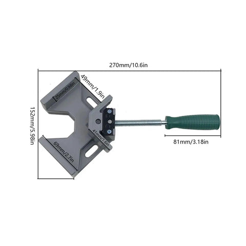 Heavy Duty Aluminum Square Clamps With Adjustable Swing Jaw And Sturdy T Handle for frame alignment, dimensions shown in mm.