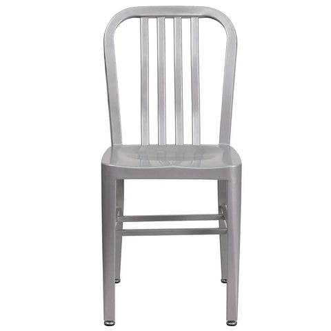 Front view of Gael Indoor Outdoor Modern Metal Dining Chairs Set of 2 For Restaurants and Homes, with sleek silver finish.