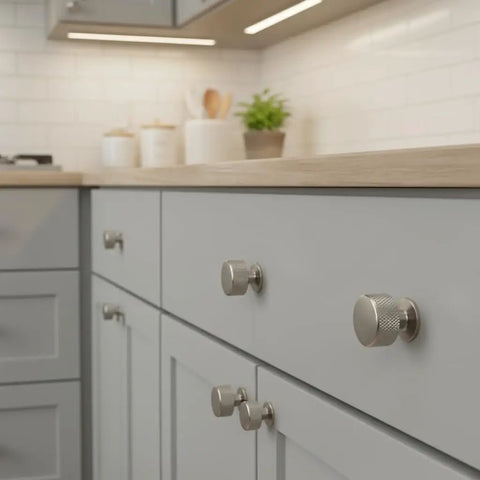 Top Shelf Slick Brushed Satin Nickel Cabinet Knobs With A Hardcore Knurled Shape And Seriously Heavy Duty Build on kitchen drawers.