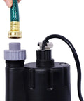 Heavy Duty Quarter Hp Submersible Sump Pump With Solid Grip And 10 Ft Power Cord connecting to a garden hose for easy drainage.