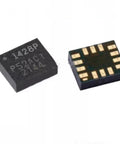 Two ICM-42688P 6 Axis Motion Sensor ICs With Built In Gyroscope And Accelerometer In LGA-14 SMT Package For Easy Go-To PCB Integration Perfect For DIY Robotics Drones And Wearables, black chip close-up