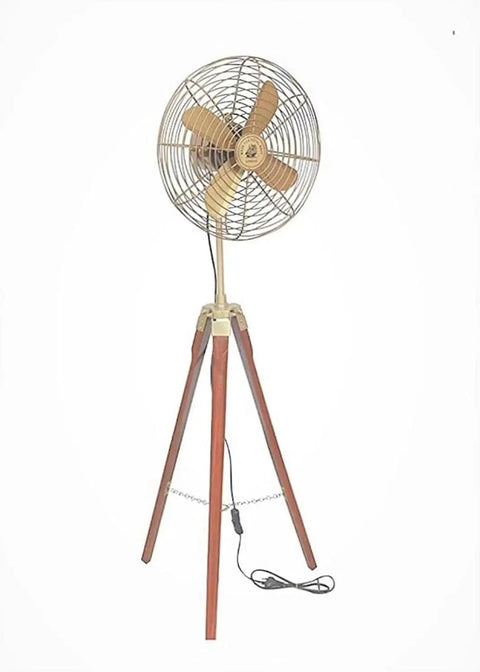 Top Shelf Vintage Brass Floor Fan With Solid Brown Wooden Adjustable Tripod Stand Working Electric Pedestal Cooler Retro Navy Style, 48 inches tall.