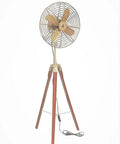 Top Shelf Vintage Brass Floor Fan With Solid Brown Wooden Adjustable Tripod Stand Working Electric Pedestal Cooler Retro Navy Style.