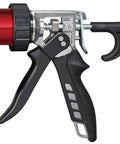 Side view of Caulk Gun For Thick Sealants, Beast Of A 26 To 1 2 Way Sausage Gun, Convoy 2in1 Tool with black handle and red barrel.