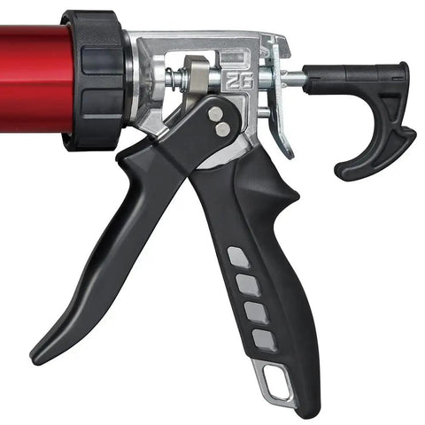 Side view of Caulk Gun For Thick Sealants, Beast Of A 26 To 1 2 Way Sausage Gun, Convoy 2in1 Tool with black handle and red barrel.