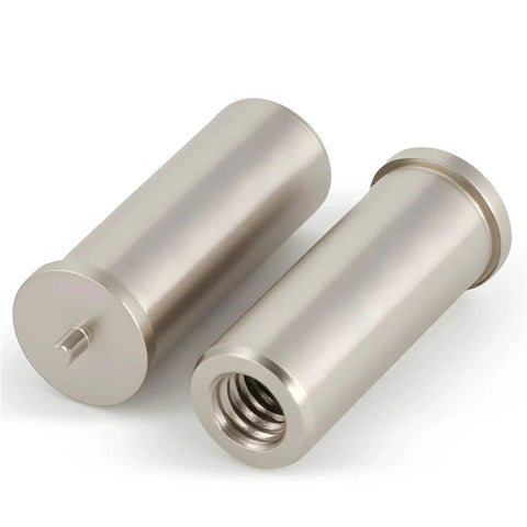 Top Shelf M2.5 And M3 Nickel Plated Welding Studs Paired With Bulletproof Standoff Screws showing two cylindrical nickel plated standoffs for PCB assembly.