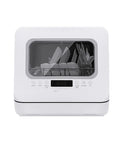 Pretty Slick Portable Automatic Countertop Dishwasher With Dual Overhead Spray Built In Water Tank And Air Dry Cycle, front view showing clean dishes inside.