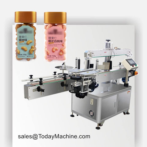 Rock Solid Automatic Self Adhesive Labeling Machine For Round And Flat Pet Glass Bottles with cashew nut jars in view.