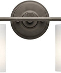 Front view of Fourteen-Inch Two Light Vanity Light With Satin Etched Cased Opal And Clear Glass Accent In Olde Bronze Finish.
