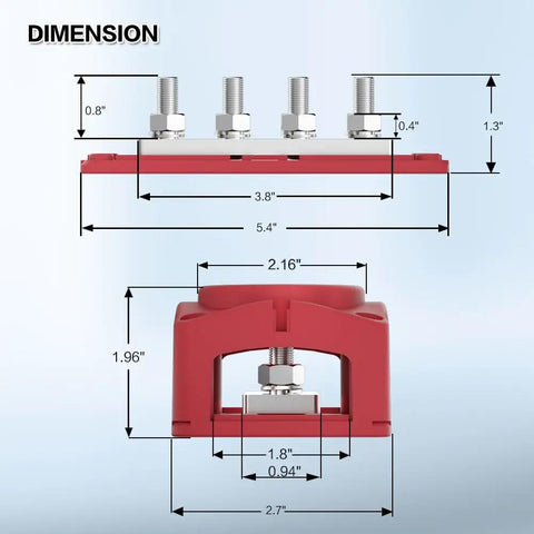 Heavy Duty 300A Bus Bar For Rock Solid 12V Power Distribution With Four M8 Studs Waterproof Junction Block dimensions diagram