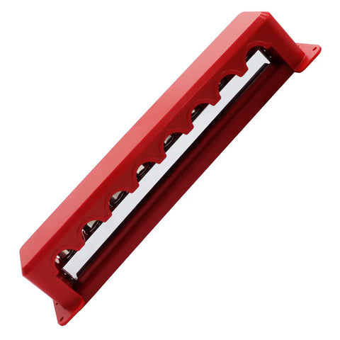 Hella Heavy Duty Copper Bus Bar Providing 600 Amp Juice For Rock Solid 8 Way Distribution Block Grounding And Smooth Auto Battery Wiring In Classic Red And Black, showing red bus bar from above, M10 studs visible.