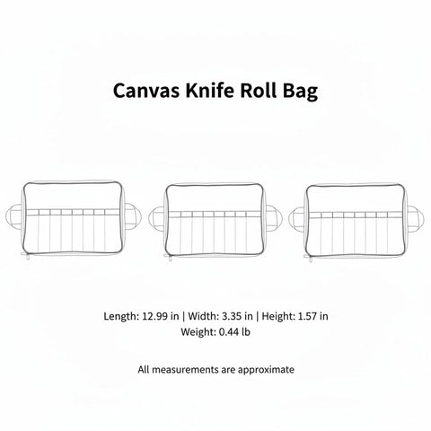 Diagram of Canvas Knife Roll Organizer With Individual Slots Portable Blade Protector Case with measurements.