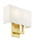 Two Light Wall Sconce In Satin Brass With Dope Off White Hardback Fabric Shade For A Clean Modern Vibe ADA Compliant Meridian Collection Contemporary Home Lighting 13 By 12.5 Inches