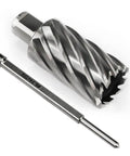 Oscarbide annular cutter with Weldon shank and pilot-pin drill bit; 1-3/8 in diameter, 2 in depth, silver steel
