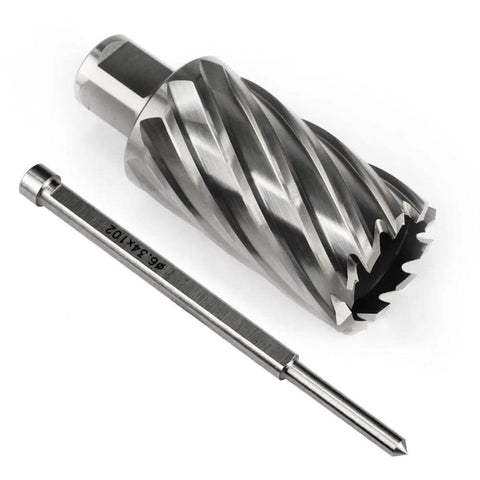 Oscarbide annular cutter with Weldon shank and pilot-pin drill bit; 1-3/8 in diameter, 2 in depth, silver steel