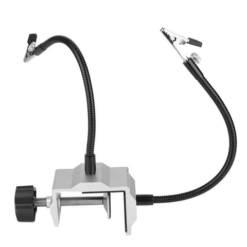 Beefy Flexible Metal Arm Soldering Clamp With Adjustable Multi Angle Stand, metal base, 9.84 inch arm, clip detail, hands-free use.