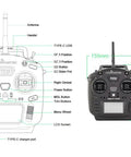 Dope Compact Pro Radio Transmitter With Hall Gimbals And ELRS CC2500 front and side view with dimensions and labels