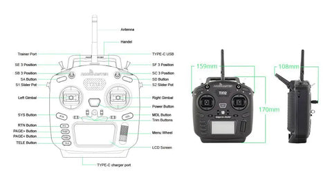 Dope Compact Pro Radio Transmitter With Hall Gimbals And ELRS CC2500 front and side view with dimensions and labels