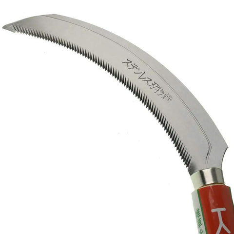 Grass Sickle With Saw Tooth Blade Handheld Harvest Sickle With Wooden Handle 6.6 Inch Stainless Steel Blade close-up.