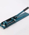 Professional Manual Rail Cutter With Adjustable Angles For Effortless PVC Duct Cutting In Electrical Jobs side view of blue metal tool with lever and locking screw