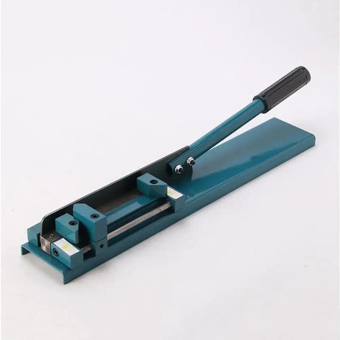 Professional Manual Rail Cutter With Adjustable Angles For Effortless PVC Duct Cutting In Electrical Jobs side view of blue metal tool with lever and locking screw