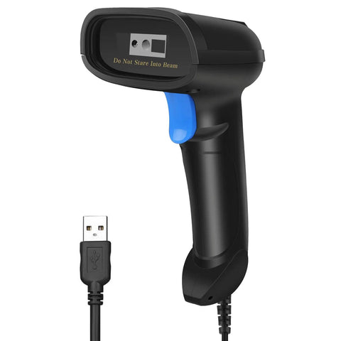 Handheld 1D 2D USB Barcode Scanner with long cable for POS and mobile payments. Black scanner with USB plug visible.