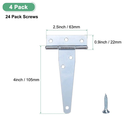 Iron T Strap Shed Door Hinges 4 Pack 4 Inch Barn Door Gate Hinges Tee Hinge Wrought Iron Hardware With Screws measurement diagram