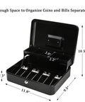 Open Locking Cash Box With Money Tray And Security Cable, Heavy Duty Metal Safe For Tips And Cash, Key Lock, Five Compartment Tray