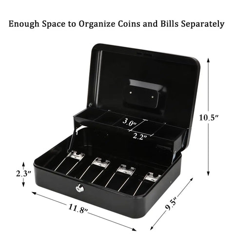 Open Locking Cash Box With Money Tray And Security Cable, Heavy Duty Metal Safe For Tips And Cash, Key Lock, Five Compartment Tray