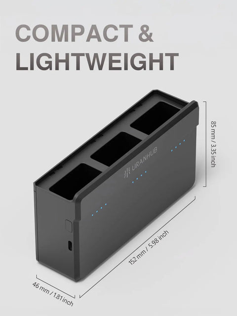 G30 Drone 3 In 1 Charging Dock For Drones, compact black dock with three slots, dimensions labeled, compatible with UranHub G30 drones.