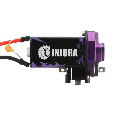 Side view of 50T Brushed Motor With Helical Gear Complete Transmission Upgrade for 1 to 24 SCX24 RC Crawler, purple aluminum housing