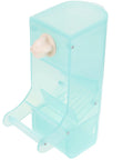 No Fuss Splash Proof Bird Feeder Cage Mount With Secure Buckle Clip, green plastic design, easy setup for feeding parrots and finches.