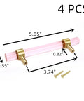 Crystal Cabinet Pulls 4 Pack Pink Drawer Pulls With Crystal Glass And Gold Brass Base, dimensions marked, screws shown