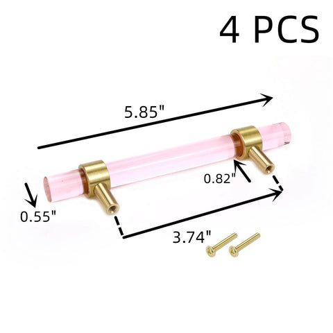 Crystal Cabinet Pulls 4 Pack Pink Drawer Pulls With Crystal Glass And Gold Brass Base, dimensions marked, screws shown