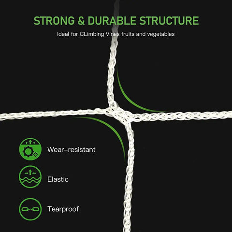 Heavy-Duty Garden Trellis Netting For Climbing Plants, A Real Workhorse For Beans Tomatoes Peas Pumpkins Flowers Indoors And Outdoors 6x15ft One Pack Reusable Durable Netting Cut To Size Easy Setup For Your Garden, close-up of tearproof mesh structure with features list.