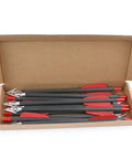 Box of eight inch carbon crossbow bolts with red vanes and steel broadhead tips for hunting and target practice