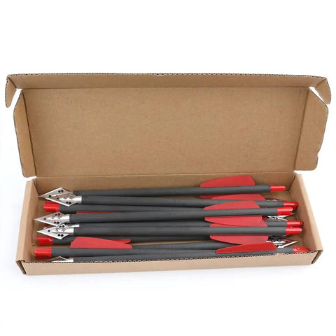 Box of eight inch carbon crossbow bolts with red vanes and steel broadhead tips for hunting and target practice