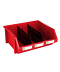 Dang Tough Heavy Duty Stackable Storage Bins In Bold Red With Side Connect Hooks For Garage Workshop Tool Organization Durable poly red bin with dividers.